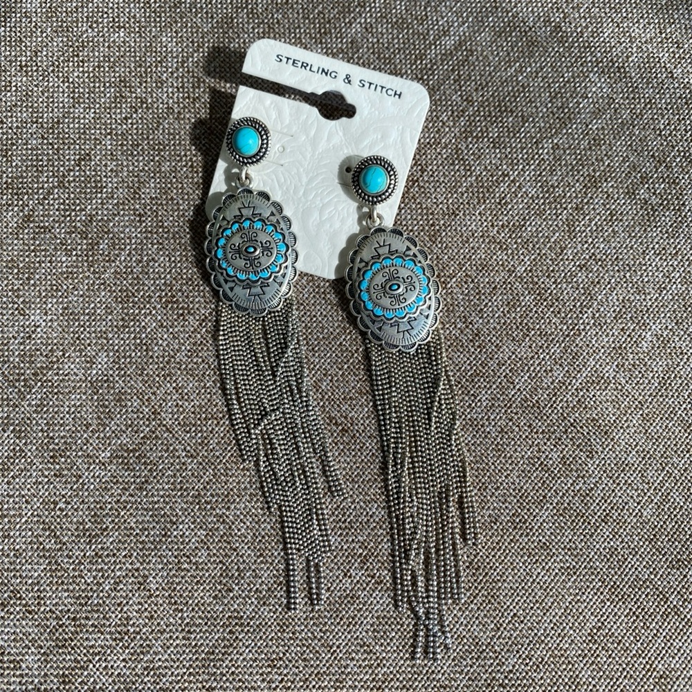 Buckle Turquoise & Silver Medallion Dangling
Drop Tassel Statement Earrings